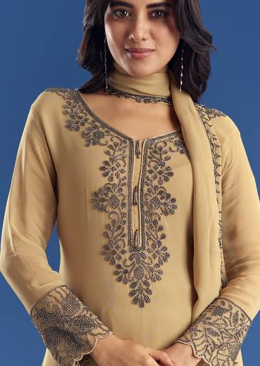 Beige Asymmetrical Georgette Beaded Kurta Pant Set With Dupatta