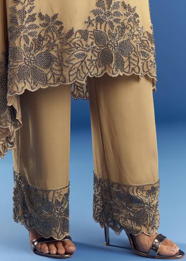 Beige Asymmetrical Georgette Beaded Kurta Pant Set With Dupatta