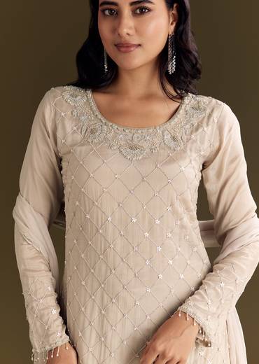 Light Beige Chinon Kurta Palazzo With Scallop Cutdana Dupatta