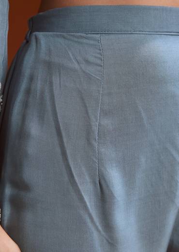 Misty Blue Chinon Anarkali Suit With Moti And Stone Work