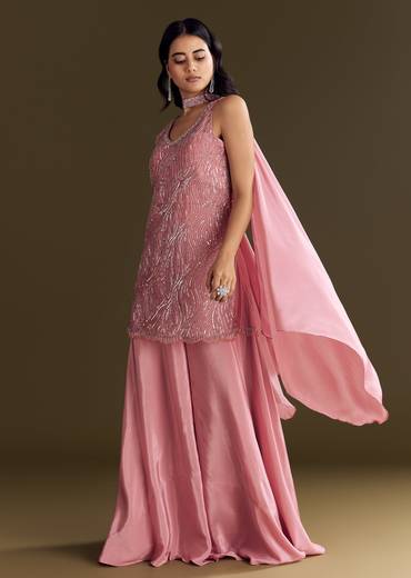 Pink Crepe Embroidered Kurta Palazzo Suit Set With Net Choker Dupatta