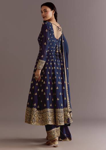Dark Blue Chinon Zari Embroidered Anarkali Suit With Dupatta