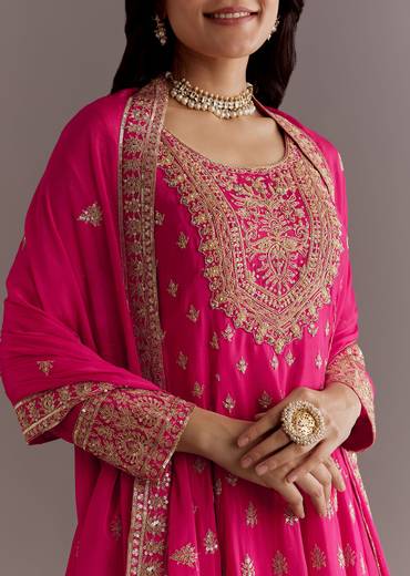 Pink Chinon Hand Embroidered Anarkali Suit With Dupatta