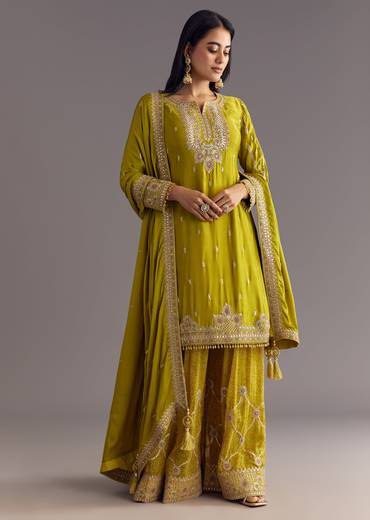 Mehendi Green Bandhani Palazzo Kurta Set With Zari And Mirror Work