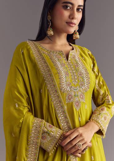 Mehendi Green Bandhani Palazzo Kurta Set With Zari And Mirror Work