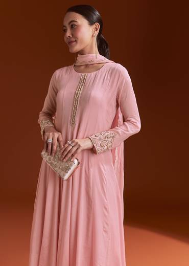 Pink Chinon Anarkali Suit With Beads And Stone Work