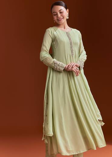 Pista Green Chinon Anarkali Suit With Beads And Stone Work