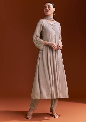 Light Brown Chinon Anarkali Suit With Moti And Zardosi Work