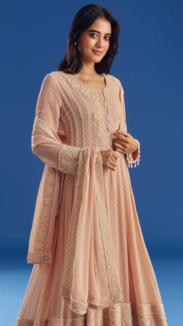 Peach Moti Beads Georgette Anarkali Set With Tassel Dupatta