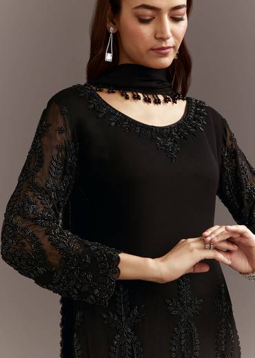 Black Beads Work Georgette Kurta With Fully Beaded Pant