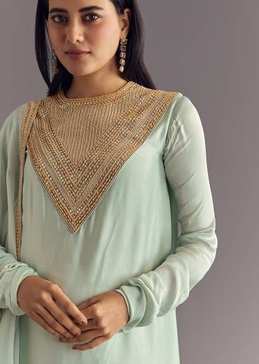 Satin Asymmetrical Kurta Set With Moti And Sequins Dupatta