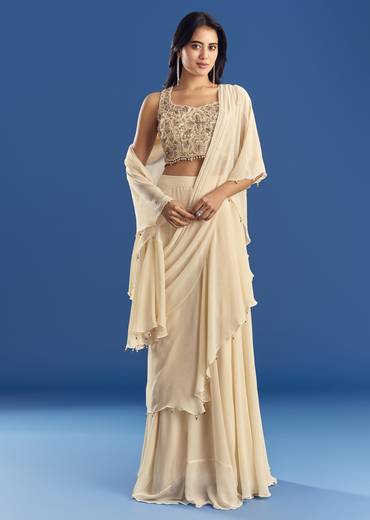 Off White Georgette Pre Draped Saree With Moti Zardosi Work