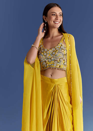 Yellow Satin Cape Set With Embroidered Croptop And Skirt