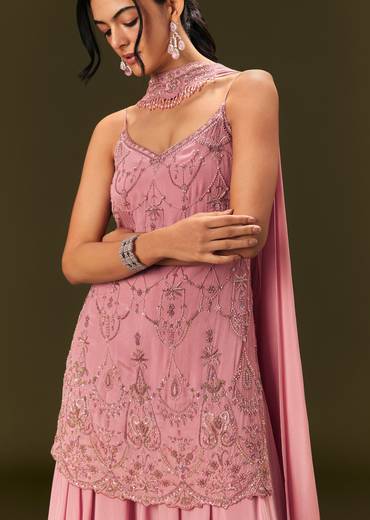 Pink Embroidered Chinon Kurti With Flared Pant And Choker Dupatta