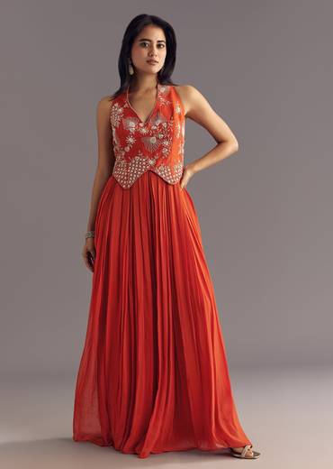 Orange Georgette Jumpsuit With Moti And Sequins Embroidery