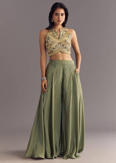 Green Raw Silk Croptop With Zardosi Work Palazzo Suit