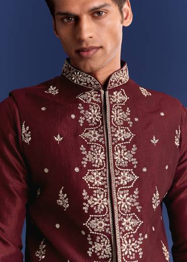 Red Silk Kurta Jacket Set With Thread Work