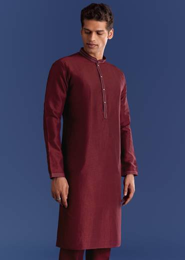 Red Silk Kurta Jacket Set With Thread Work