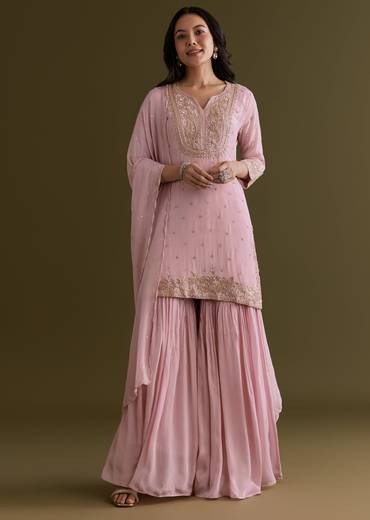 Light Pink Chinon Sharara Suit With Zardosi Embroidered Dupatta