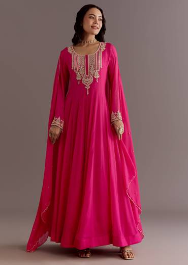 Pink Chinon Thread Sequin Embroidered Anarkali Dupatta Suit