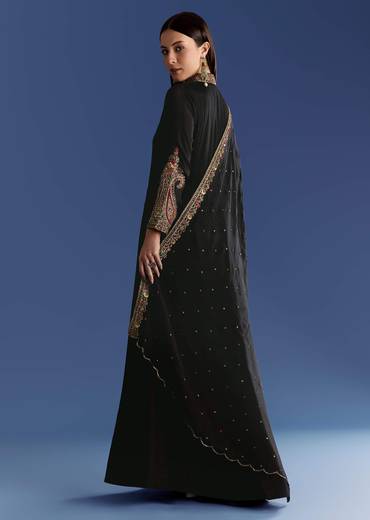 Black Chinon Anarkali With Embroidered Collar And Zari Dupatta