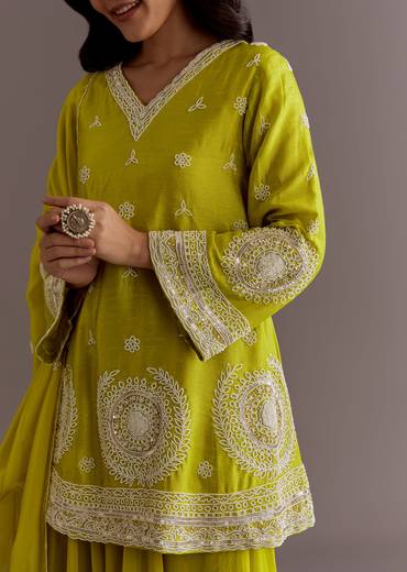 Lime Green Short Kurta Palazzo Suit With Moti Embellished Dupatta