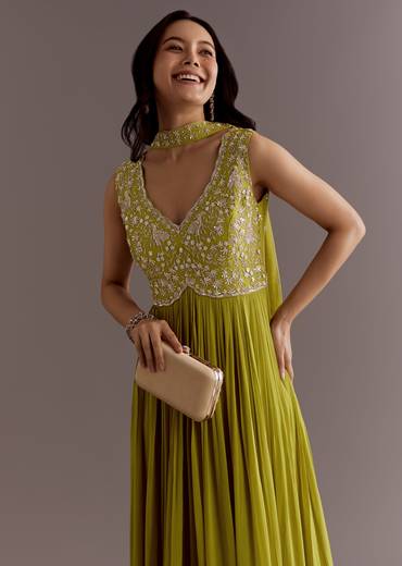 Citrus Green Embroidered Georgette Anarkali With Choker Dupatta