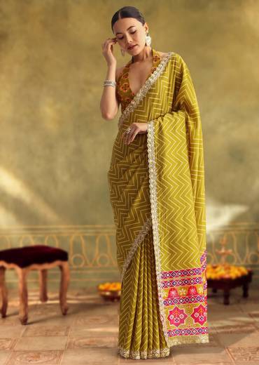Mehendi Green Patola Printed Satin Saree With Scallop Embroidered Border