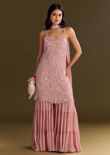 Light Pink Chinon Embroidered Kurta Sharara With Choker Dupatta