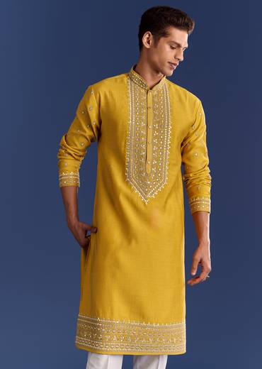 Yellow Silk Kurta Set With Yoke Thread And Mirror Work