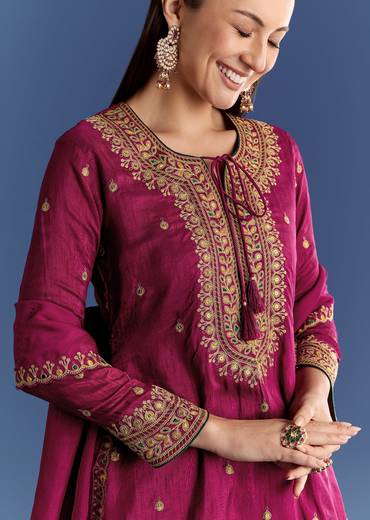 Wine Silk Kurta Set With Zari Palazzo And Butti Dupatta