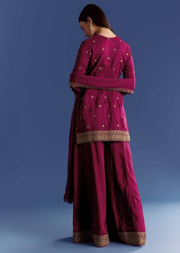 Wine Silk Kurta Set With Zari Palazzo And Butti Dupatta