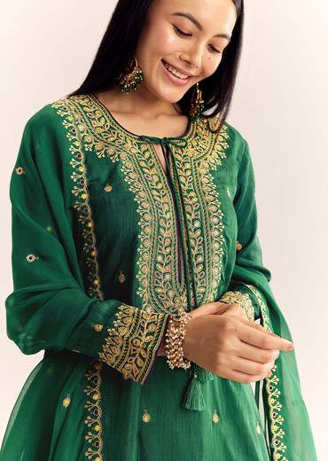 Green Organza Kurta Sharara Suit With Zari Butti Work