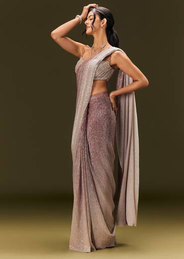 Brown Sequin Ready Pleated Saree With Stone Work