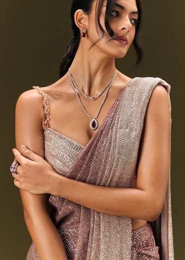 Brown Sequin Ready Pleated Saree With Stone Work