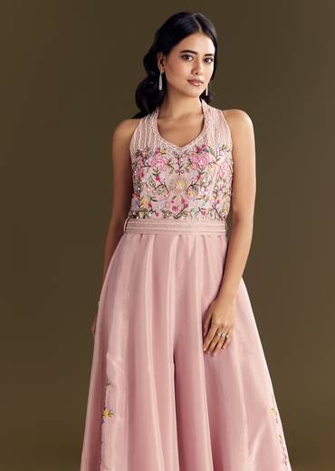 Baby Pink Tissue Halter Neck Jumpsuit With Moti Cutdana Belt