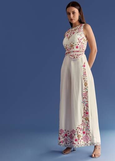 White Thread And Moti Work Jumpsuit With Waist Belt