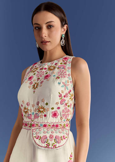 White Thread And Moti Work Jumpsuit With Waist Belt