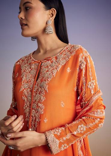 Orange Chinon Kurta Palazzo Set With Cutdana And Beads Work