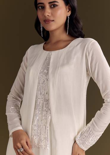 White Chinon Kurta Pant Set With Sequins Work