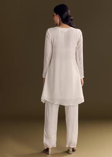 White Chinon Kurta Pant Set With Sequins Work