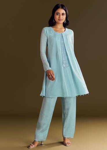 Sky Blue Chinon Kurta Pant Set With Sequins Embroidery