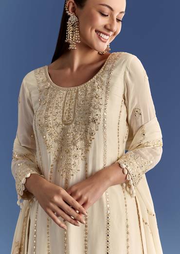 Cream Chinon Kurta Palazzo Set With Resham And Sequins Work