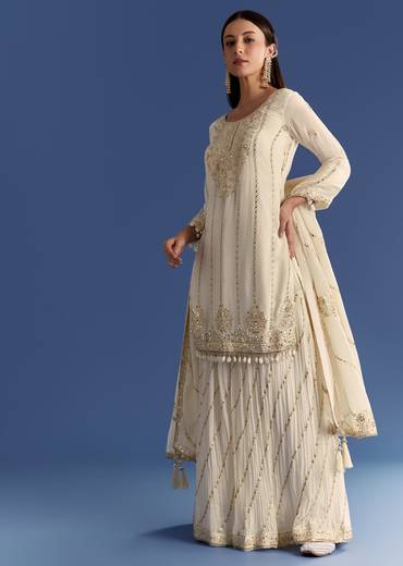 Cream Chinon Kurta Palazzo Set With Resham And Sequins Work