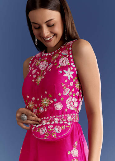Pink Thread And Moti Work Jumpsuit With Waist Belt