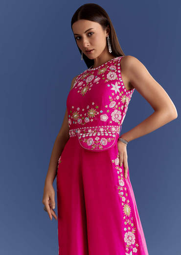 Pink Thread And Moti Work Jumpsuit With Waist Belt