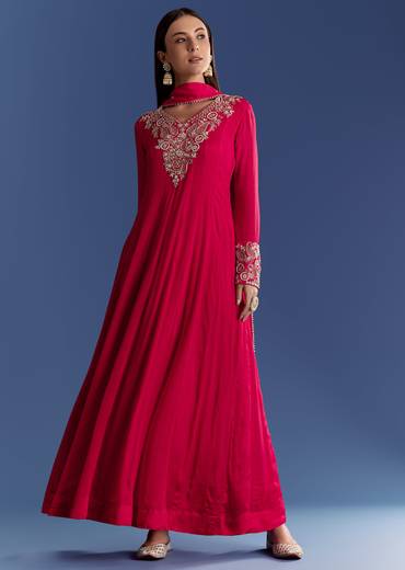 Red Chinon Anarkali With Moti And Gotta Lace Dupatta
