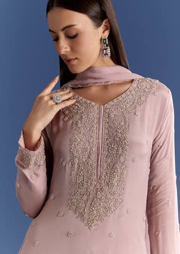 Lavender Chinon Kurta Set With Moti And Cutdana Dupatta