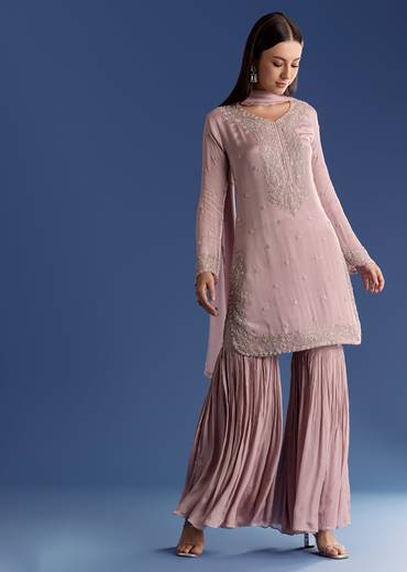 Lavender Chinon Kurta Set With Moti And Cutdana Dupatta