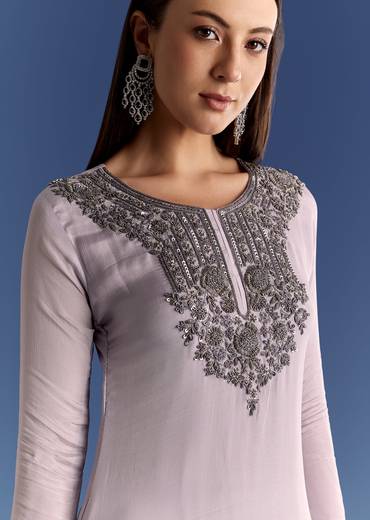 Lavender Chinon Beaded Work Kurta Set And Ombre Dupatta